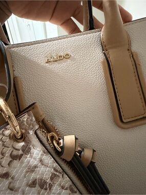 ALDO Cream & Tan Pebbled Tote with Tassel and Snakeskin Accent